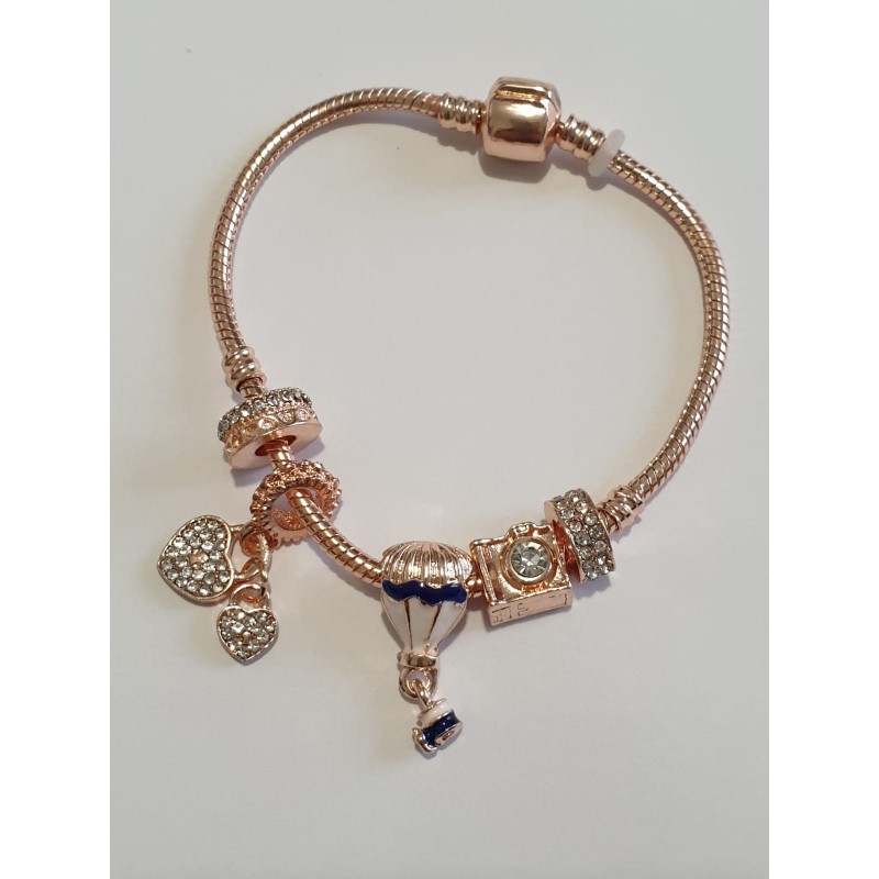 Bracciale donna sterling ( argento laminato), 925 marchiato tema mongolfiera colore oro, completo di charms come in foto