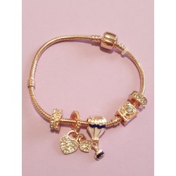Bracciale donna sterling ( argento laminato), 925 marchiato tema mongolfiera colore oro, completo di charms come in foto