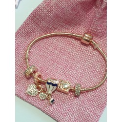 Bracciale donna sterling ( argento laminato), 925 marchiato tema mongolfiera colore oro, completo di charms come in foto