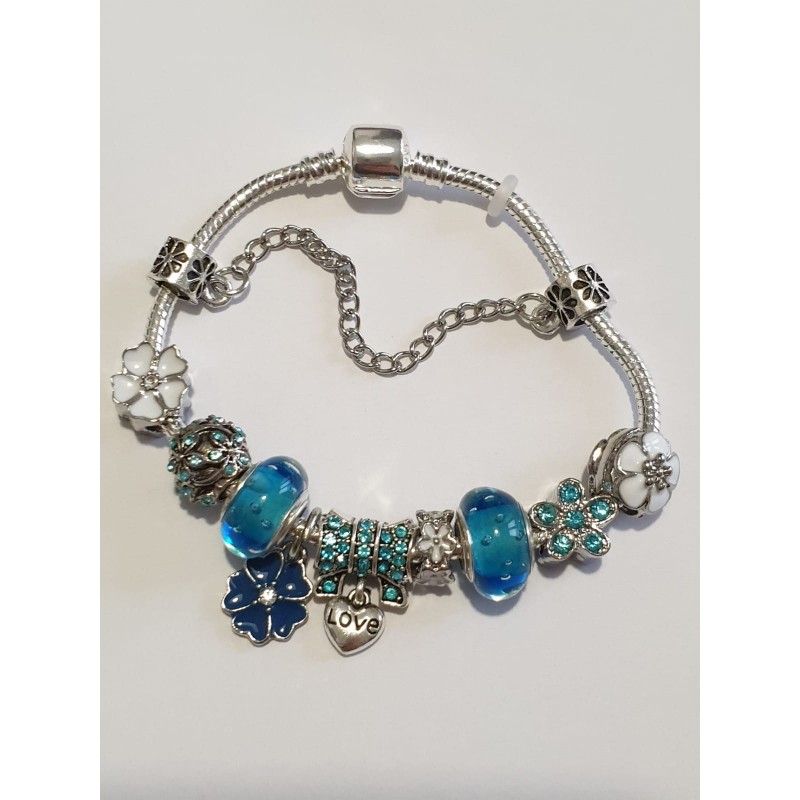 Bracciale donna sterling ( argento laminato), 925 marchiato tema  fiorellini e turchesi, completo di charms come in foto