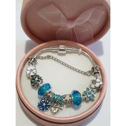 Bracciale donna sterling ( argento laminato), 925 marchiato tema  fiorellini e turchesi, completo di charms come in foto