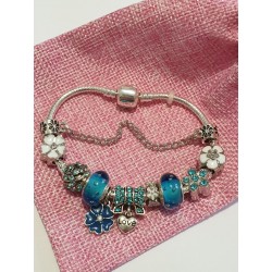 Bracciale donna sterling ( argento laminato), 925 marchiato tema  fiorellini e turchesi, completo di charms come in foto