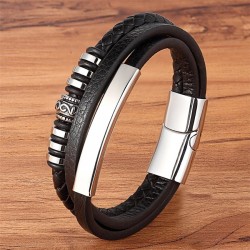 Bracciale uomo in acciaio e pelle colore nero, nuovo in confezione regalo lunghezza 21 cm con aggancio magnetico sicuro 