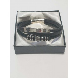 Bracciale uomo in acciaio e pelle colore nero, nuovo in confezione regalo lunghezza 21 cm con aggancio magnetico sicuro 