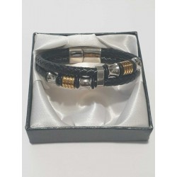 Bracciale uomo in acciaio e pelle colore nero, nuovo in confezione regalo lunghezza 21 cm con aggancio magnetico sicuro 