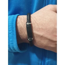 Bracciale uomo in acciaio e pelle nero, nuovo in confezione regalo lunghezza 21 cm con aggancio magnetico  pratico e sic